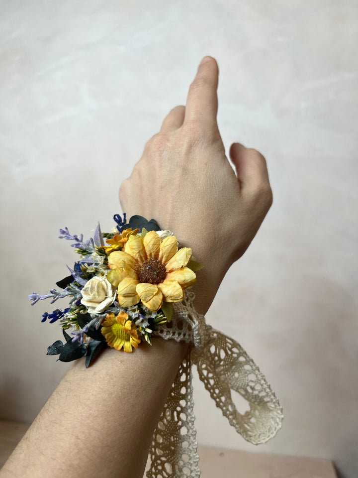 Sunflower Wildflower Wrist Corsage with Lavender and White Roses
