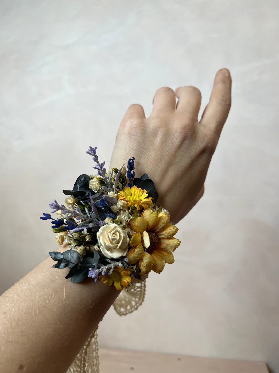 Sunflower Wildflower Wrist Corsage with Lavender and White Roses
