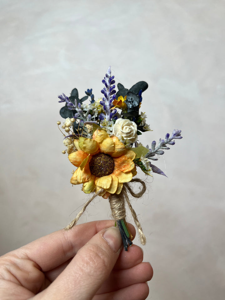 Fabric Flower Boutonniere with Preserved Eucalyptus | Pin or Clip, Two Sizes