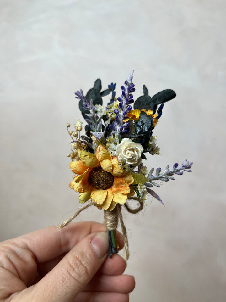 Fabric Flower Boutonniere with Preserved Eucalyptus | Pin or Clip, Two Sizes