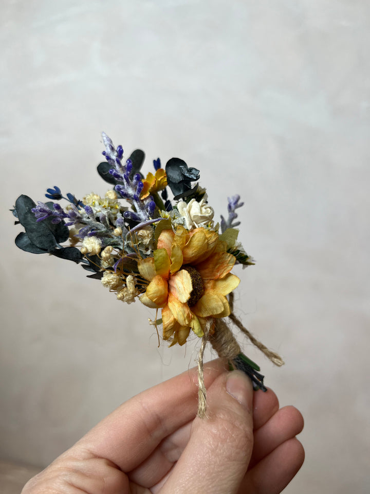 Fabric Flower Boutonniere with Preserved Eucalyptus | Pin or Clip, Two Sizes