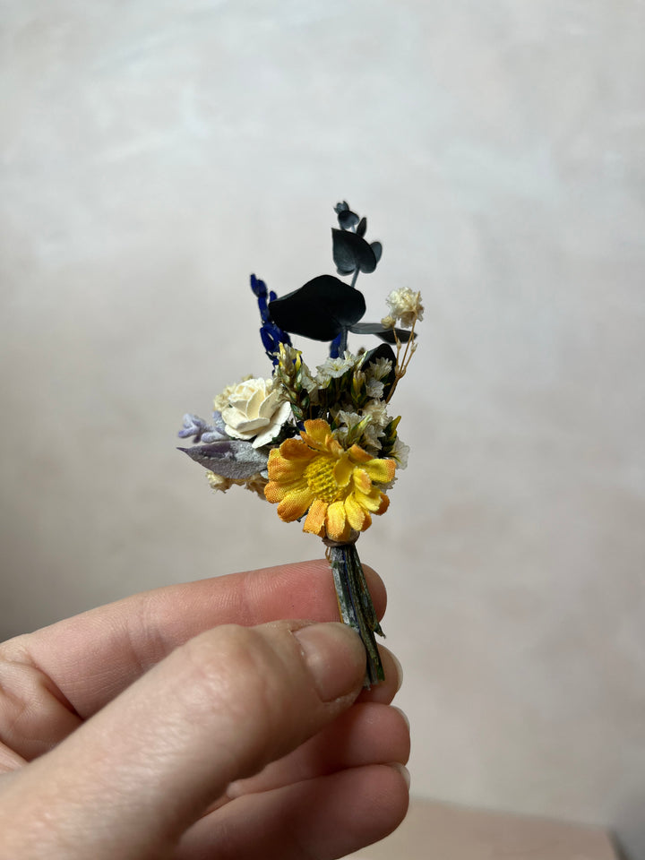 Fabric Flower Boutonniere with Preserved Eucalyptus | Pin or Clip, Two Sizes