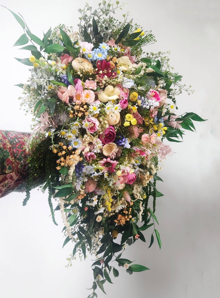 Cascading Wildflower Bridal Bouquet – Vintage Bridgerton Inspired Wedding Bouquet – handmade floral hair accessory by magaela