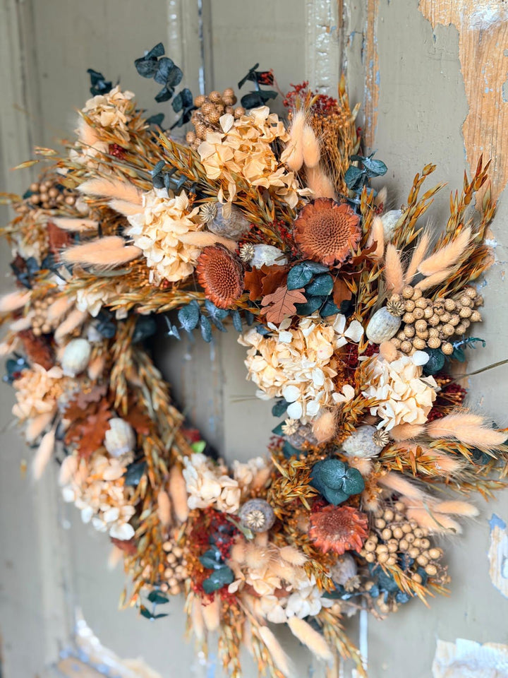 Natural Autumn Door Wreath with Hydrangea and Eucalyptus, 45 cm – handmade floral hair accessory by magaela