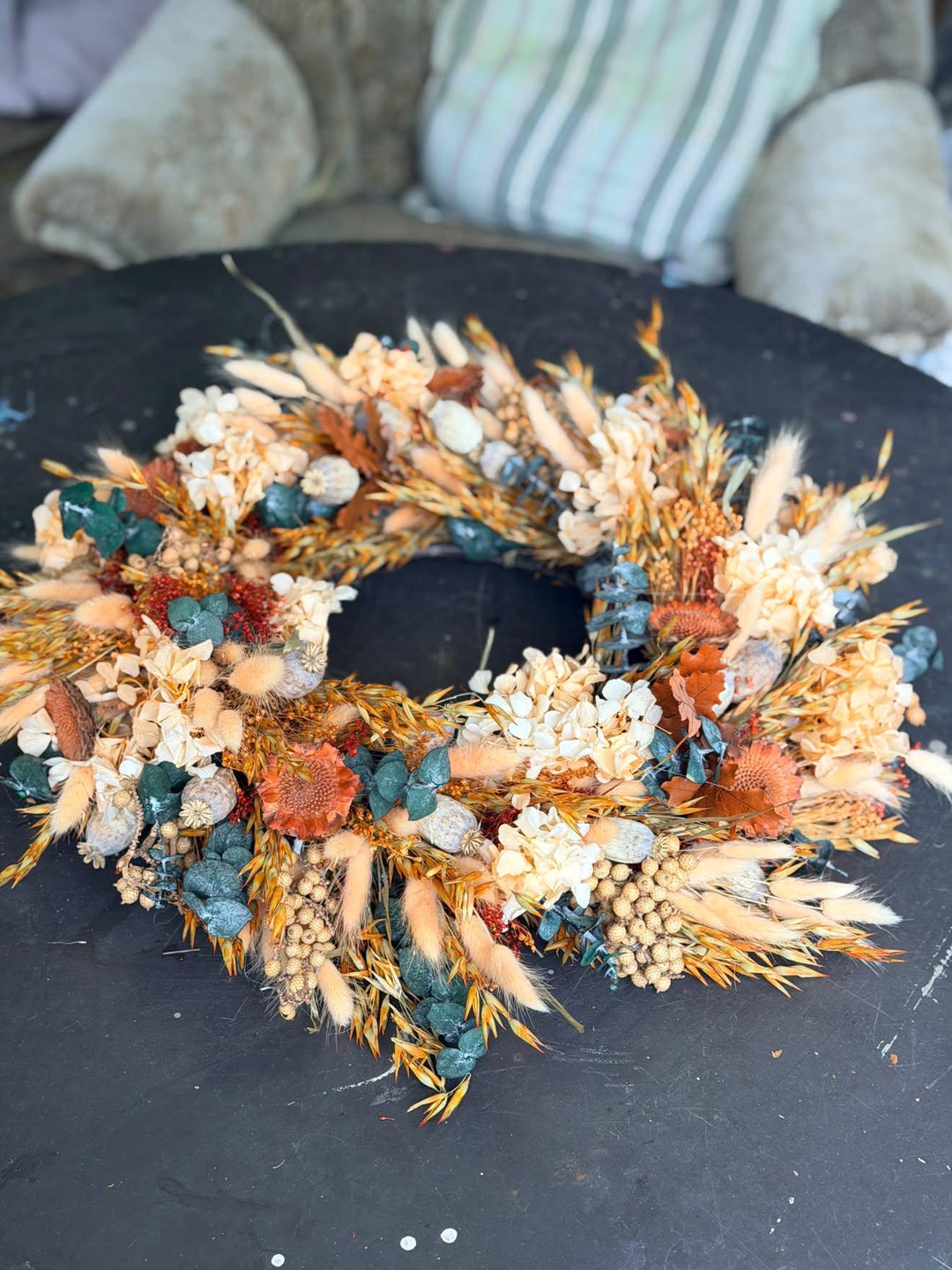 Natural Autumn Door Wreath with Hydrangea and Eucalyptus, 45 cm – handmade floral hair accessory by magaela