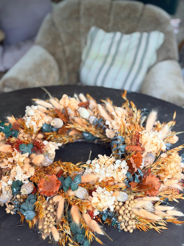 Natural Autumn Door Wreath with Hydrangea and Eucalyptus, 45 cm – handmade floral hair accessory by magaela