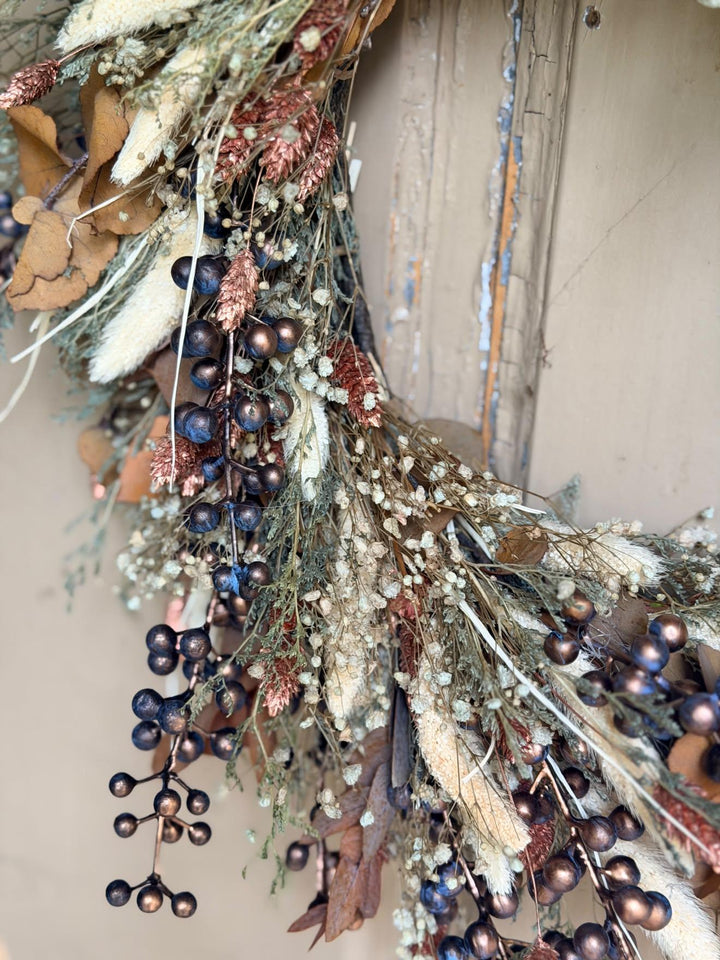 Earthy Autumn Door Wreath with Grasses, Leaves and Berries, 45 cm – handmade floral hair accessory by magaela