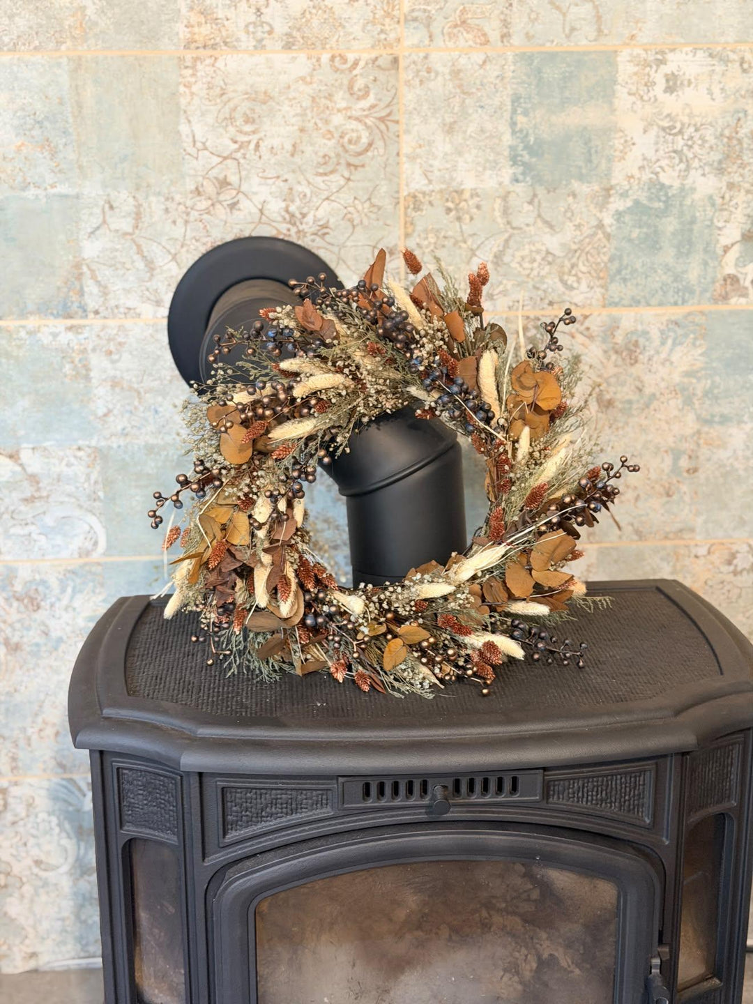 Earthy Autumn Door Wreath with Grasses, Leaves and Berries, 45 cm – handmade floral hair accessory by magaela