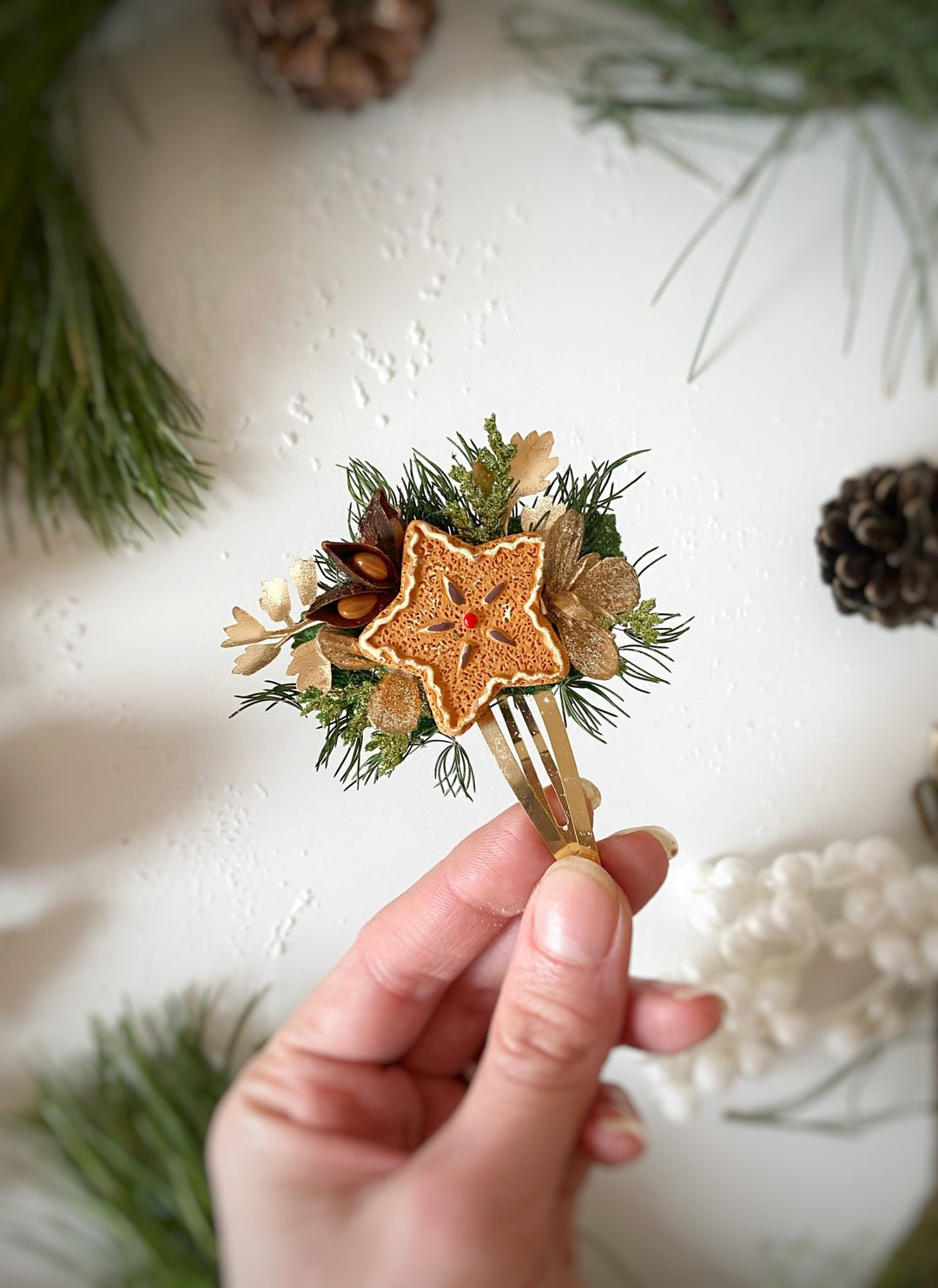Gingerbread Star Flower Christmas Hair Clip: Holiday Accessory – handmade floral hair accessory by magaela