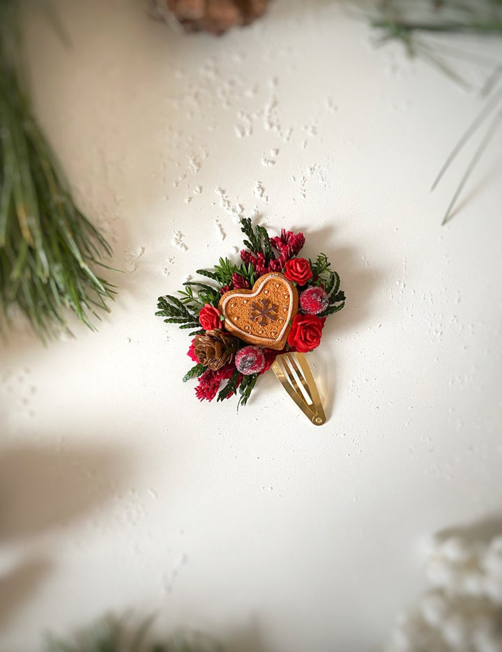 Gingerbread heart Christmas Hair Clip with berries : Holiday Accessory – handmade floral hair accessory by magaela