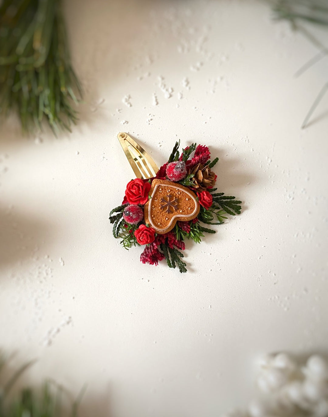 Gingerbread heart Christmas Hair Clip with berries : Holiday Accessory – handmade floral hair accessory by magaela