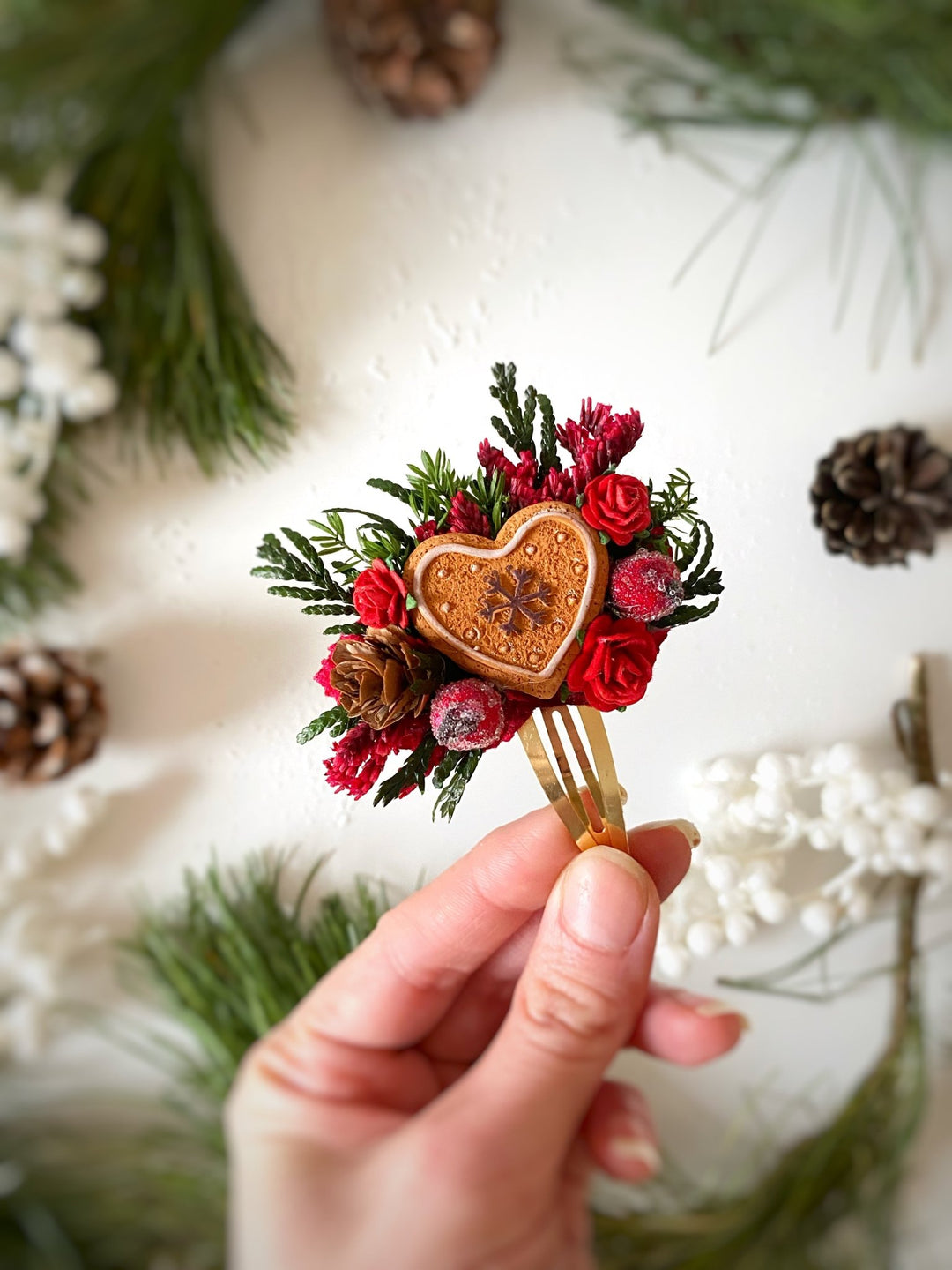 Gingerbread heart Christmas Hair Clip with berries : Holiday Accessory – handmade floral hair accessory by magaela