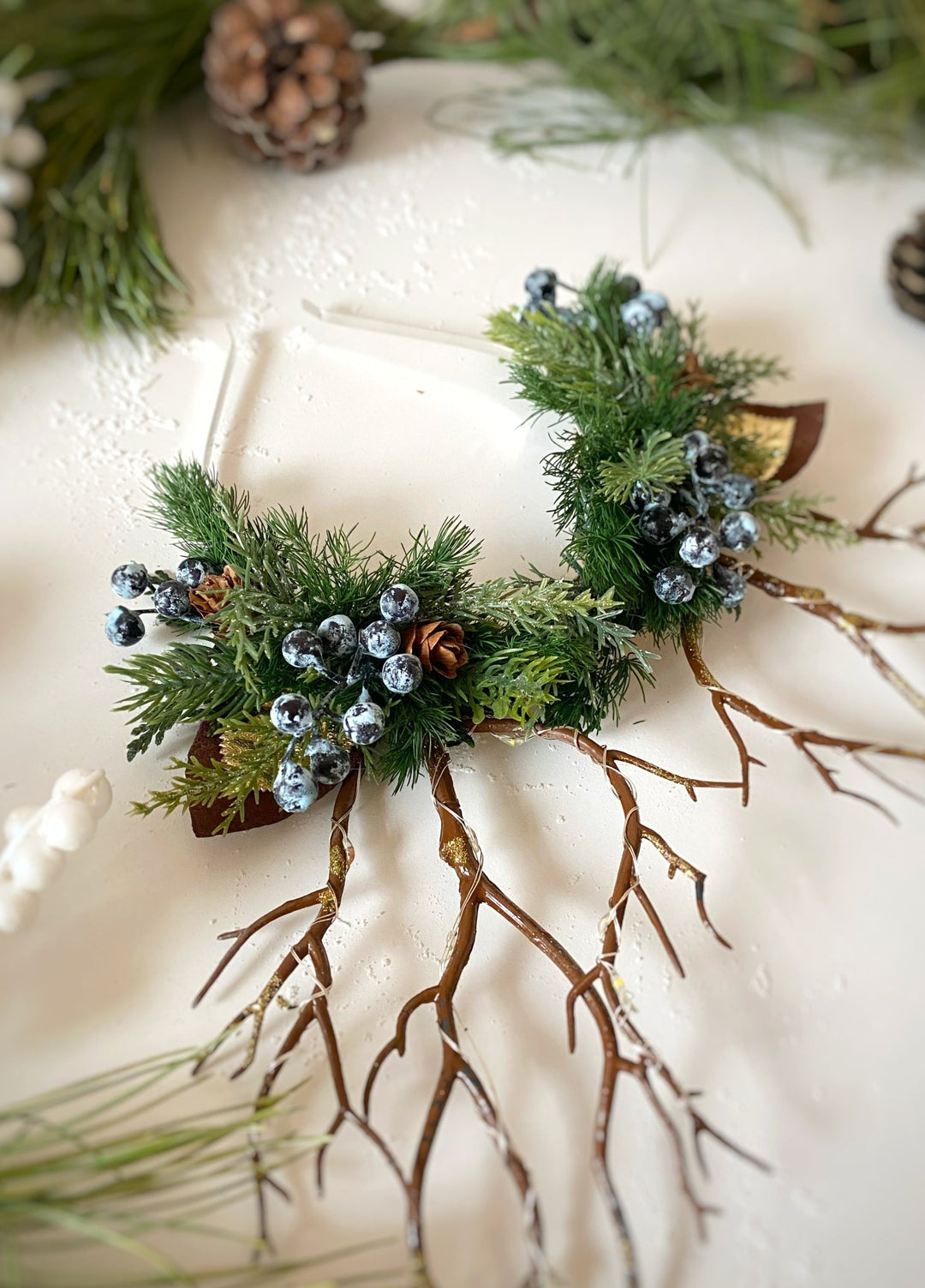 Christmas Reindeer Antler Headband: Woodland blueberries with lights – handmade floral hair accessory by magaela
