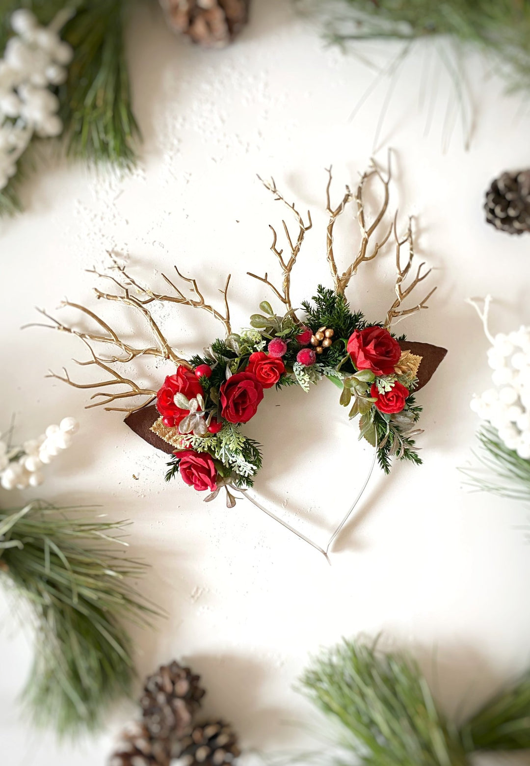 Christmas Reindeer Antler Headband: Christmas rose with lights – handmade floral hair accessory by magaela