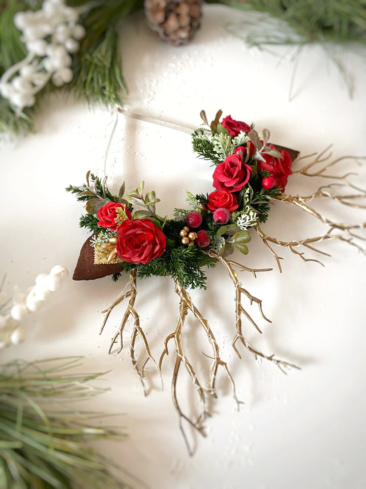 Christmas Reindeer Antler Headband: Christmas rose with lights – handmade floral hair accessory by magaela