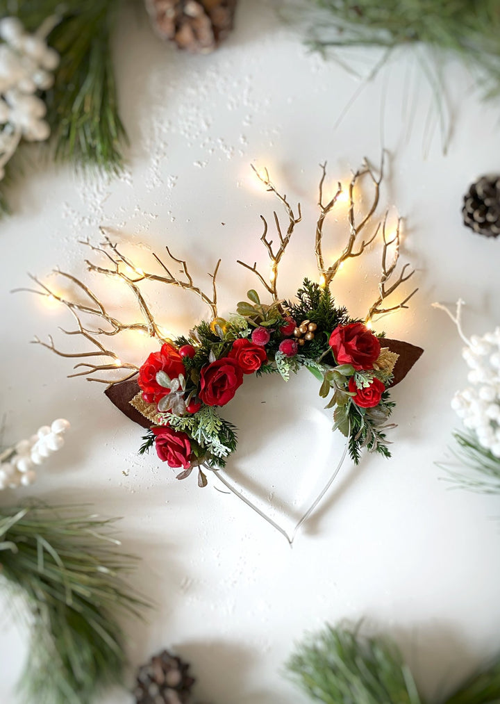 Christmas Reindeer Antler Headband: Christmas rose with lights – handmade floral hair accessory by magaela