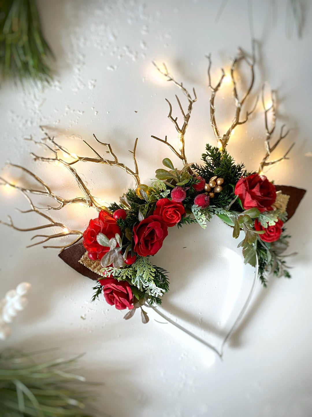 Christmas Reindeer Antler Headband: Christmas rose with lights – handmade floral hair accessory by magaela