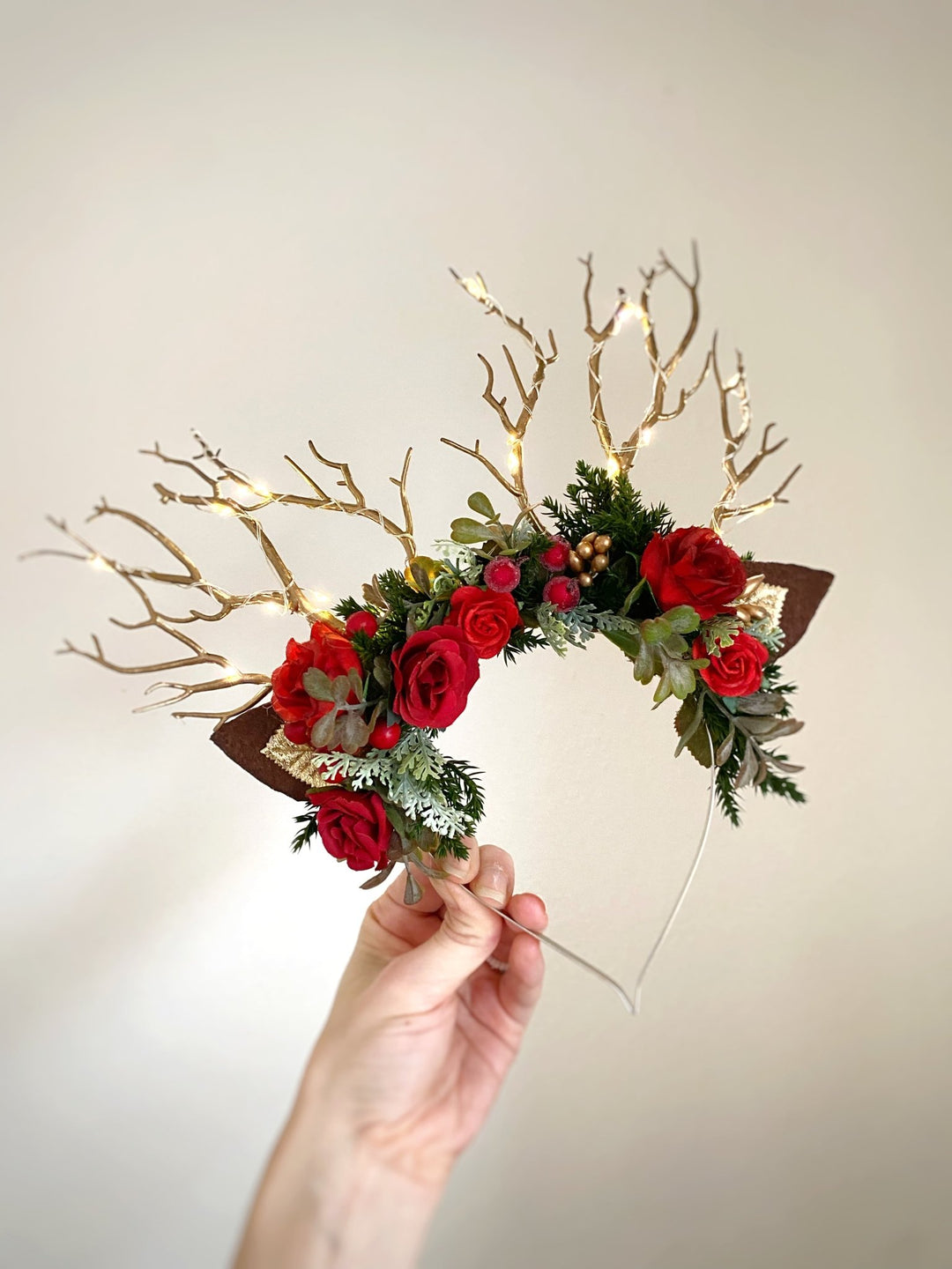 Christmas Reindeer Antler Headband: Christmas rose with lights – handmade floral hair accessory by magaela