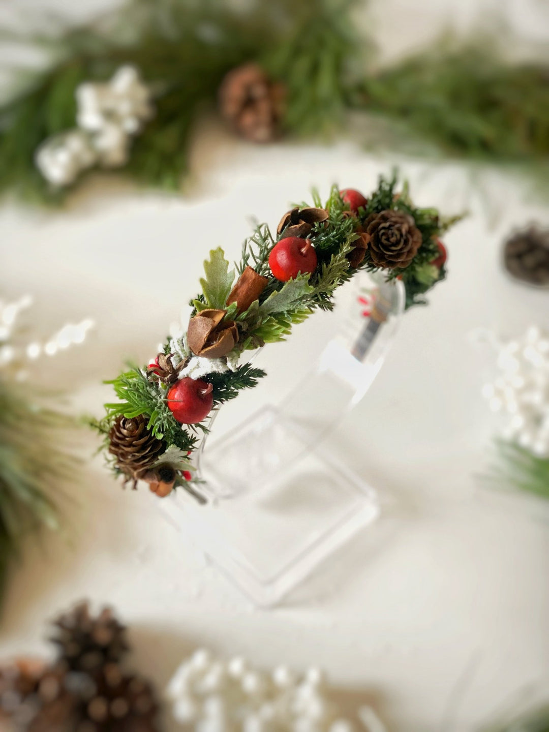 Woodladn Christmas Headband with red apples and cinnamon: Winter Floral Hair Accessory – handmade floral hair accessory by magaela