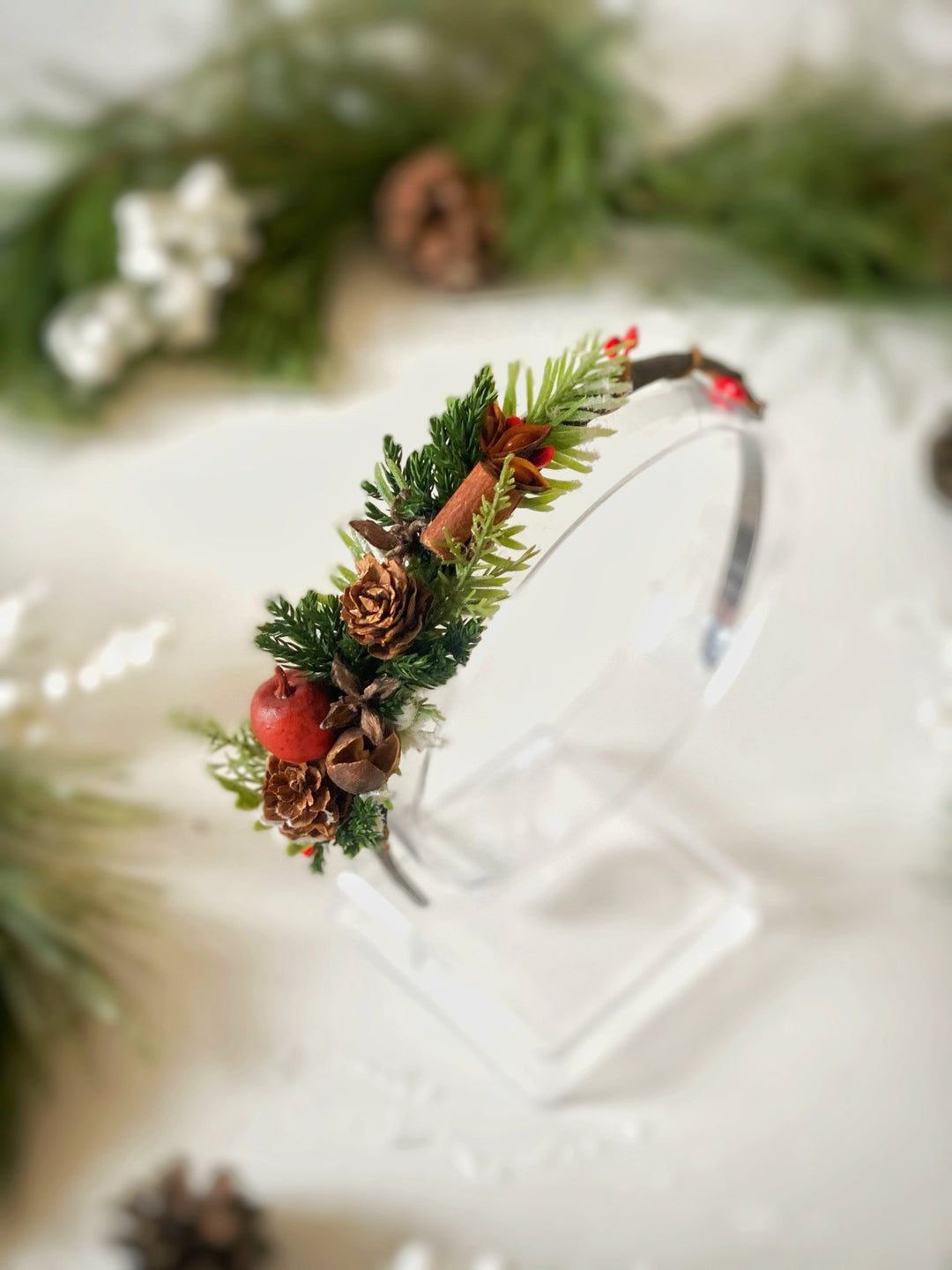 Christmas Headband on the side with red apples and cinnamon: Winter Floral Hair Accessory (Copy) – handmade floral hair accessory by magaela