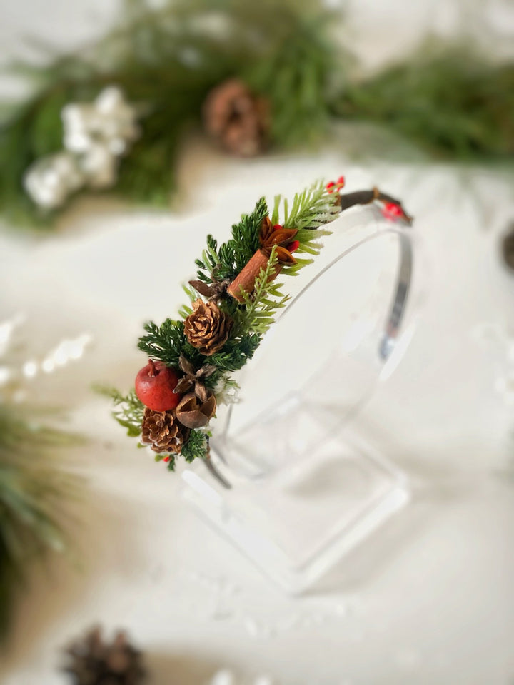 Christmas Headband on the side with red apples and cinnamon: Winter Floral Hair Accessory (Copy) – handmade floral hair accessory by magaela