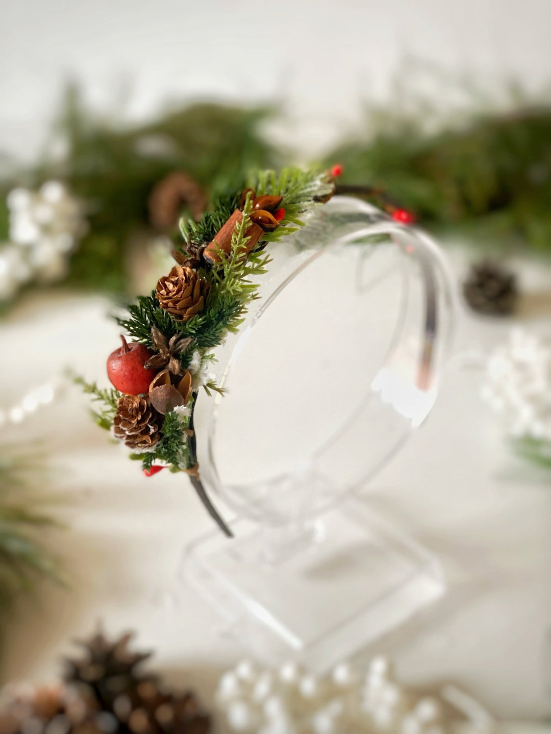 Christmas Headband on the side with red apples and cinnamon: Winter Floral Hair Accessory (Copy) – handmade floral hair accessory by magaela