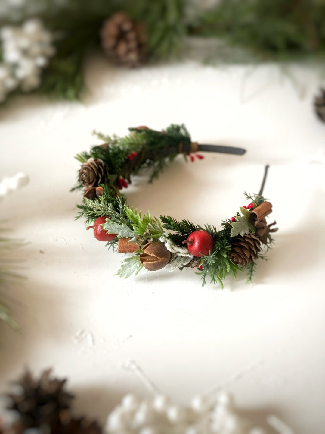 Woodladn Christmas Headband with red apples and cinnamon: Winter Floral Hair Accessory – handmade floral hair accessory by magaela