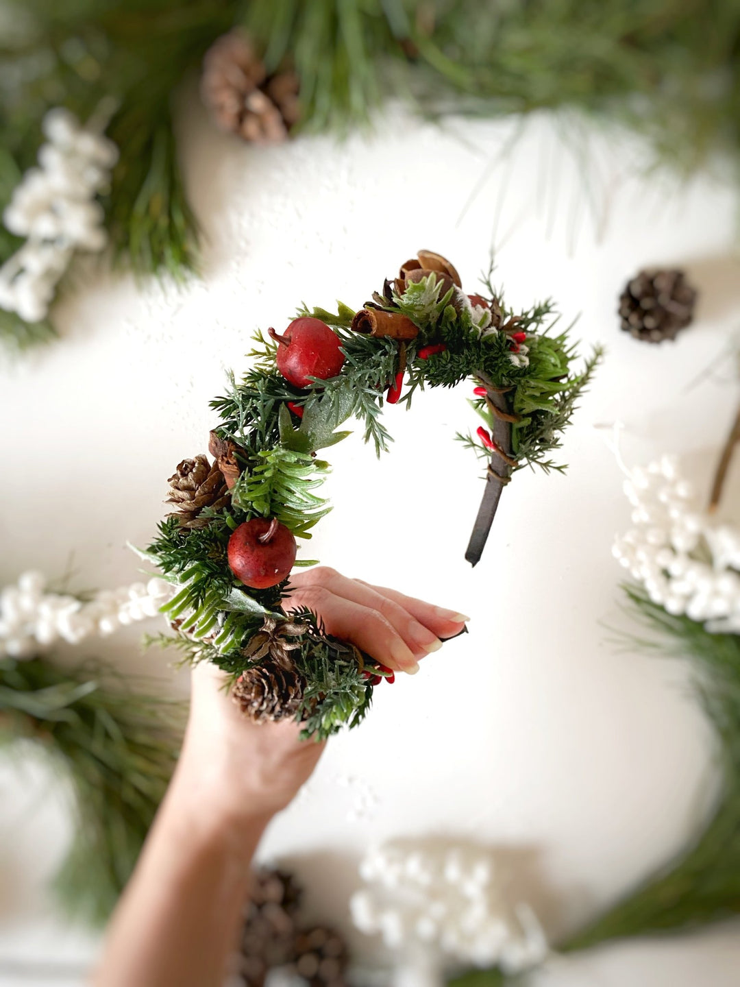 Woodladn Christmas Headband with red apples and cinnamon: Winter Floral Hair Accessory – handmade floral hair accessory by magaela