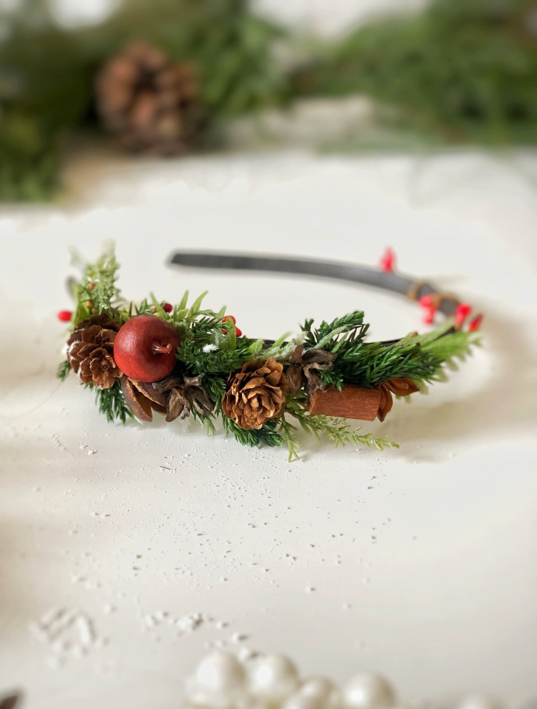 Christmas Headband on the side with red apples and cinnamon: Winter Floral Hair Accessory (Copy) – handmade floral hair accessory by magaela