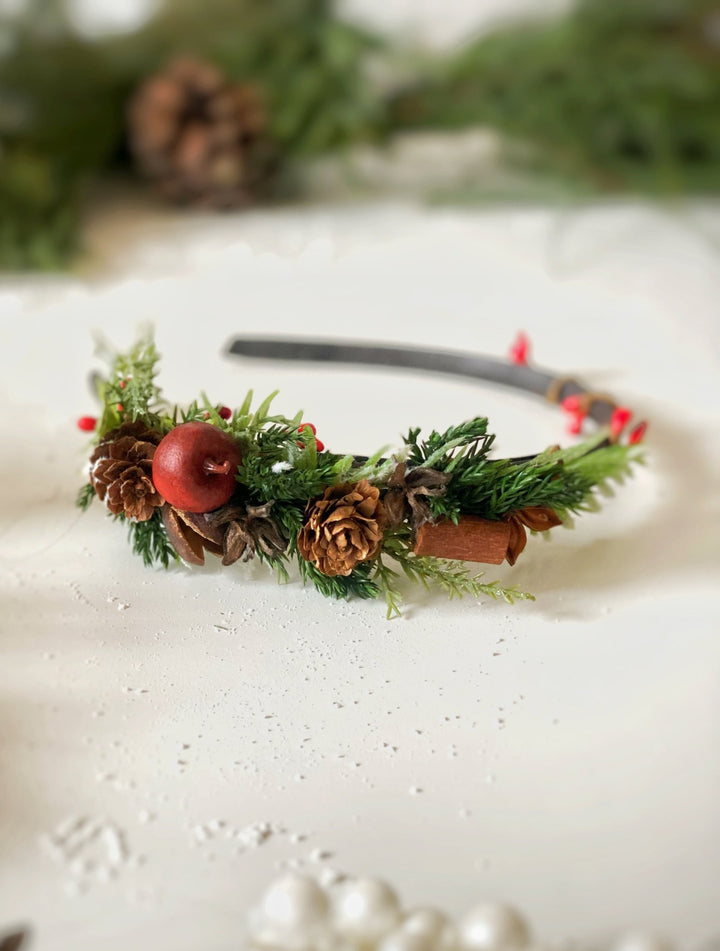 Christmas Headband on the side with red apples and cinnamon: Winter Floral Hair Accessory (Copy) – handmade floral hair accessory by magaela