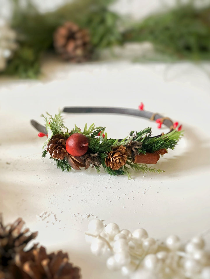 Christmas Headband on the side with red apples and cinnamon: Winter Floral Hair Accessory (Copy) – handmade floral hair accessory by magaela