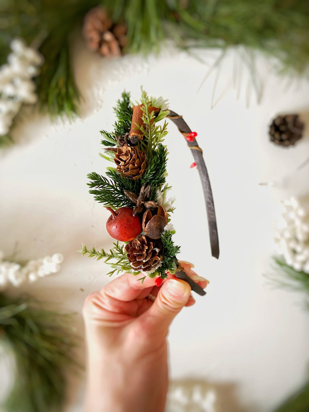 Christmas Headband on the side with red apples and cinnamon: Winter Floral Hair Accessory (Copy) – handmade floral hair accessory by magaela