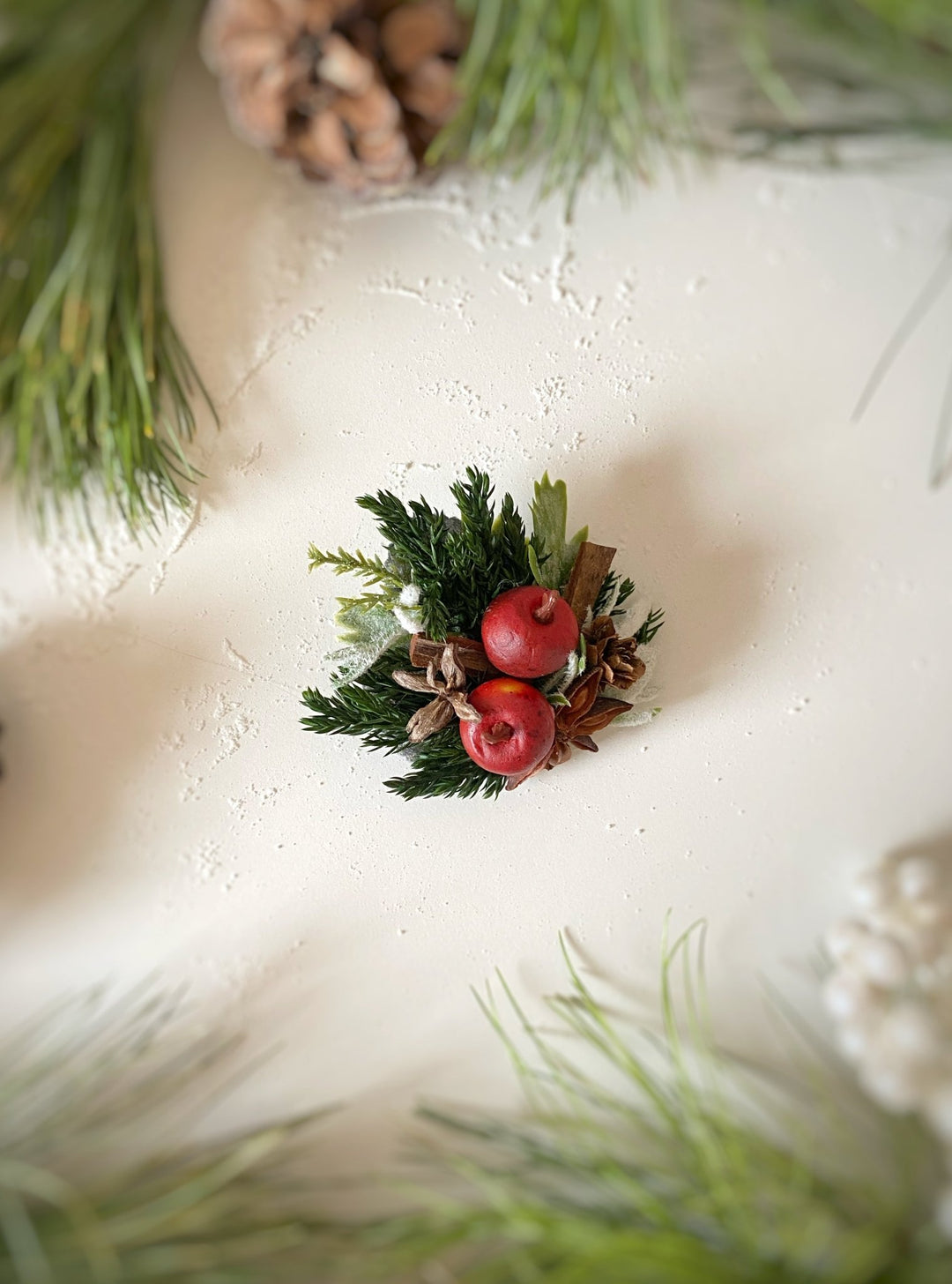 Christmas woodladn brooch with red apple: Winter Coat Pin – handmade floral hair accessory by magaela