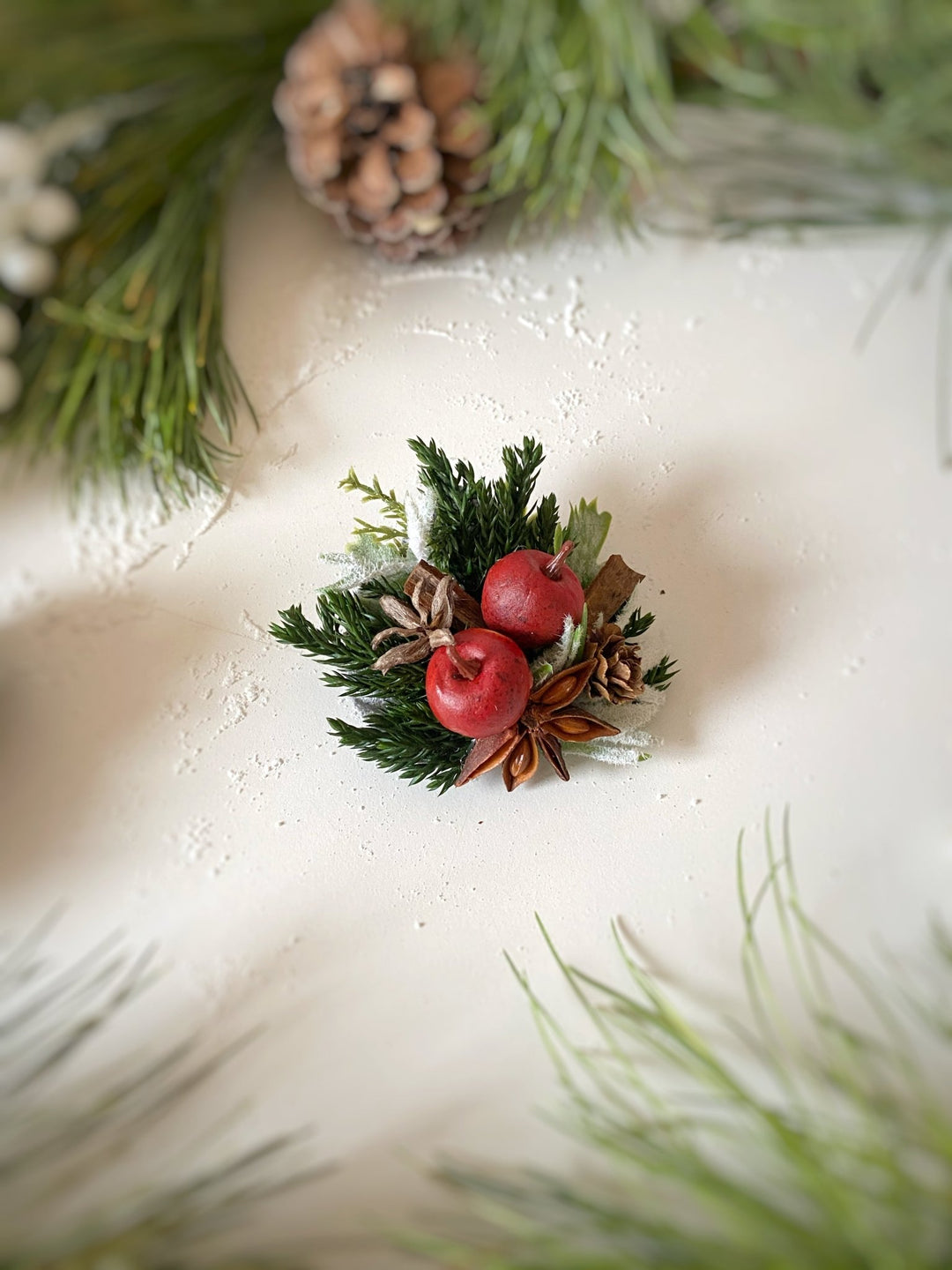 Christmas woodladn brooch with red apple: Winter Coat Pin – handmade floral hair accessory by magaela