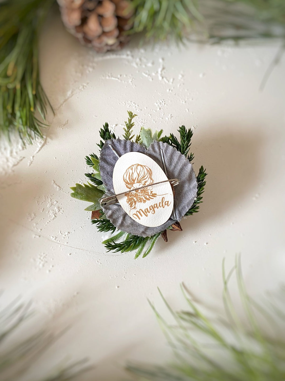 Christmas woodladn brooch with red apple: Winter Coat Pin – handmade floral hair accessory by magaela