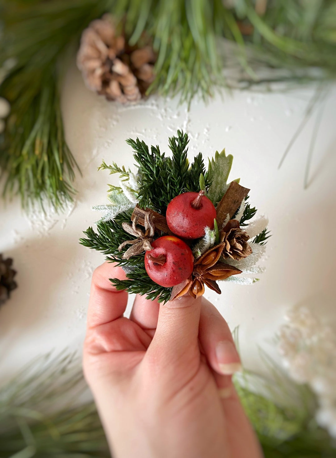 Christmas woodladn brooch with red apple: Winter Coat Pin – handmade floral hair accessory by magaela