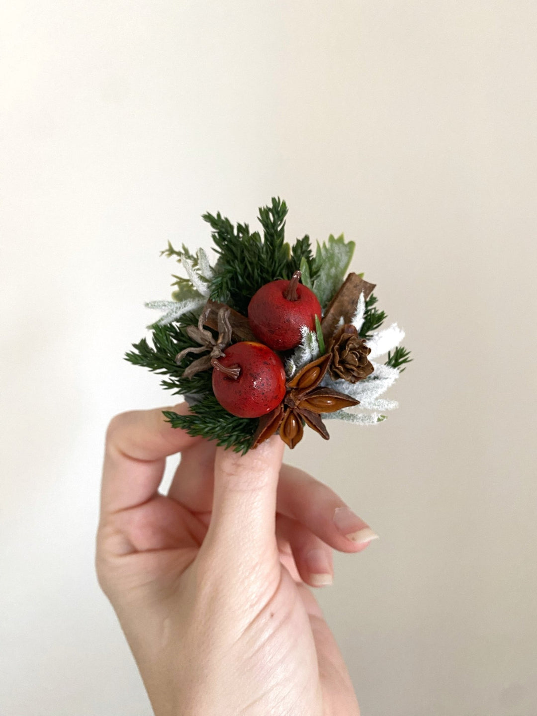 Christmas woodladn brooch with red apple: Winter Coat Pin – handmade floral hair accessory by magaela