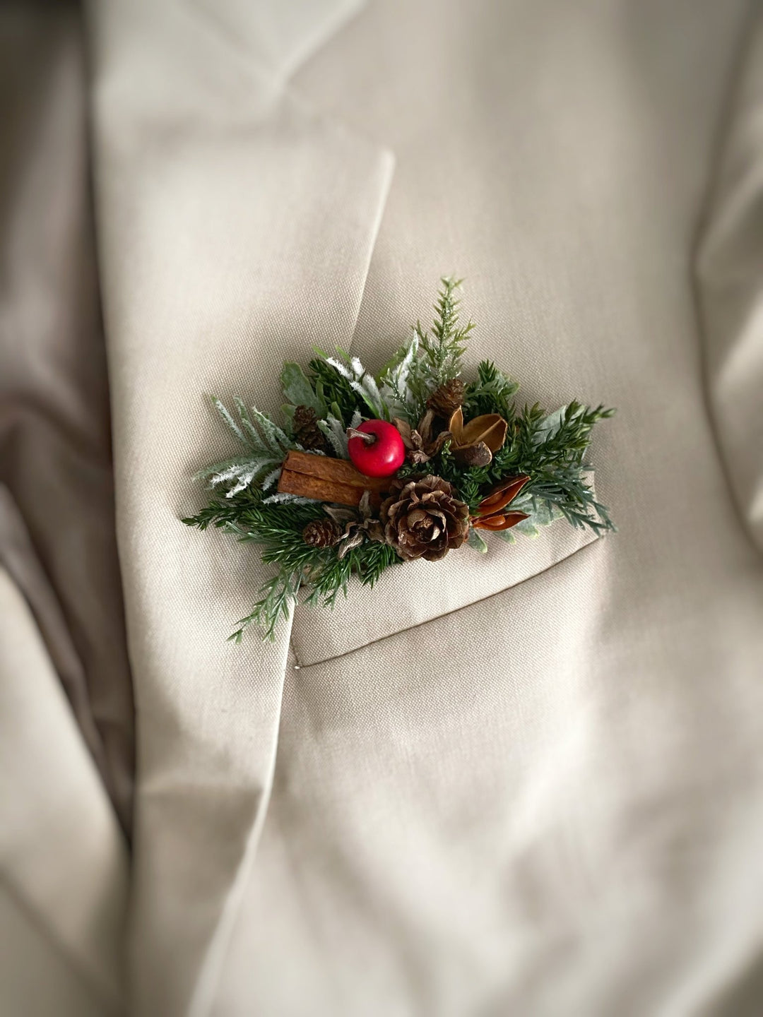 Christmas Pocket Boutonniere with red apple: Woodland Wedding Groom Corsage – handmade floral hair accessory by magaela