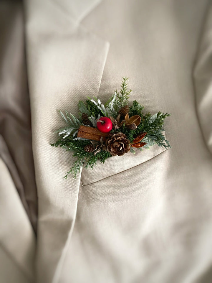 Christmas Pocket Boutonniere with red apple: Woodland Wedding Groom Corsage – handmade floral hair accessory by magaela