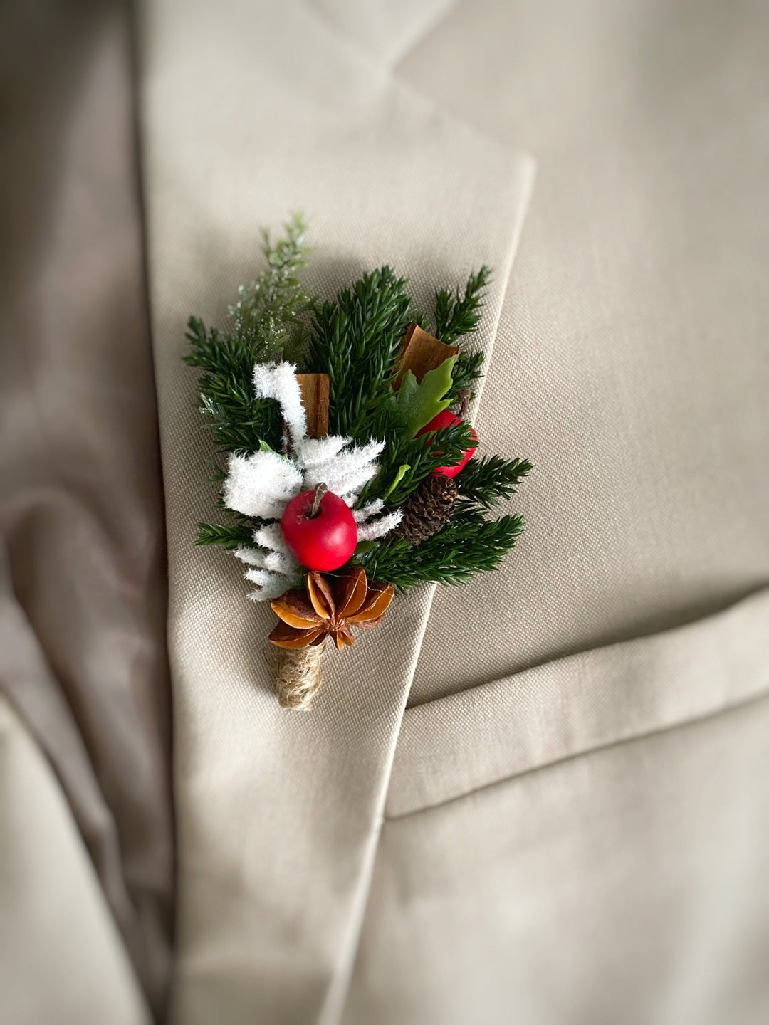 Christmas Pocket Boutonniere with red apple: Woodland Wedding Groom Corsage – handmade floral hair accessory by magaela