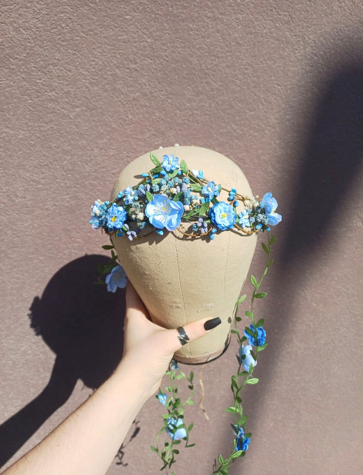 Blue Flower Crown with Floral Vine Veil – Fairy Wedding Headpiece & Woodland Bridal Wreath – handmade floral hair accessory by magaela