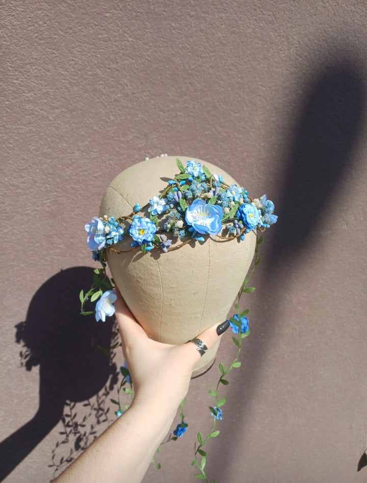 Blue Flower Crown with Floral Vine Veil – Fairy Wedding Headpiece & Woodland Bridal Wreath – handmade floral hair accessory by magaela