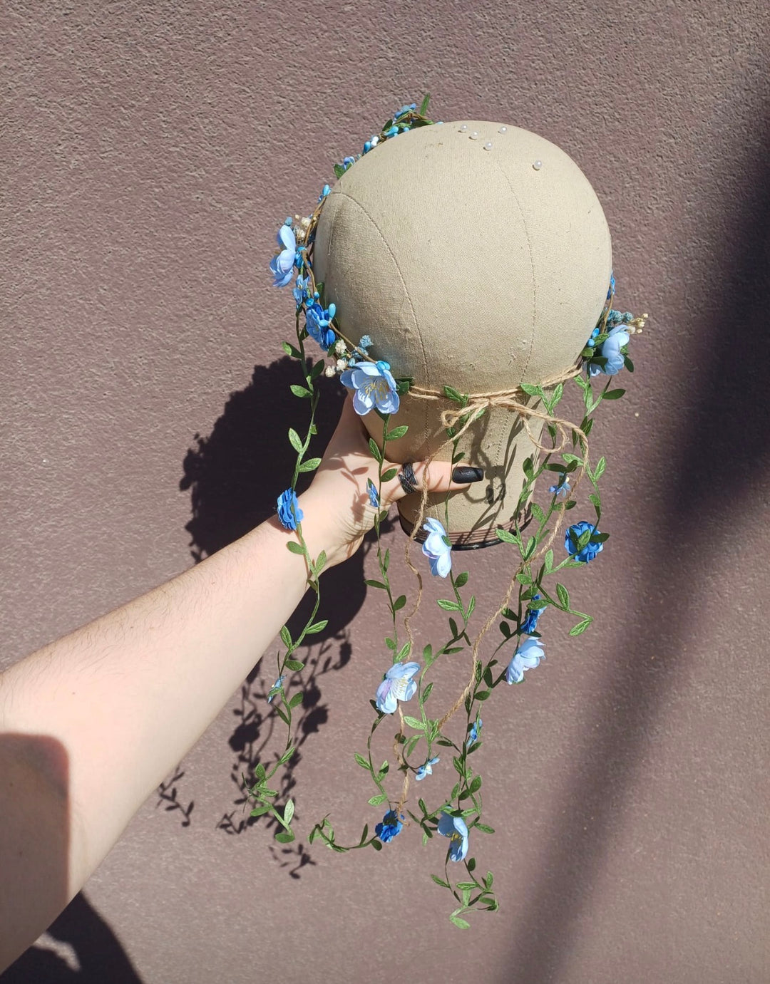 Blue Flower Crown with Floral Vine Veil – Fairy Wedding Headpiece & Woodland Bridal Wreath – handmade floral hair accessory by magaela