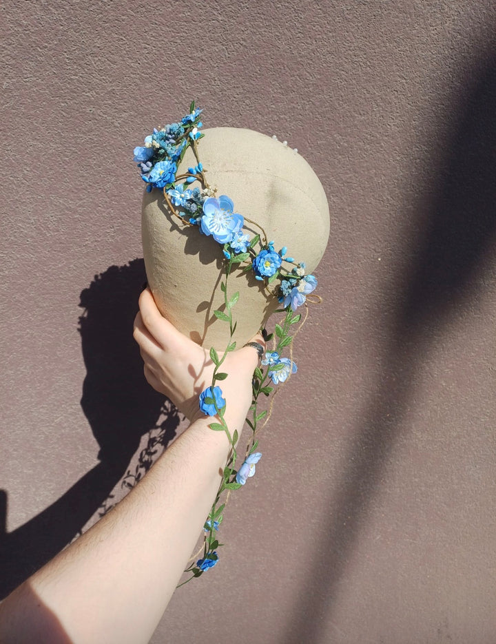 Blue Flower Crown with Floral Vine Veil – Fairy Wedding Headpiece & Woodland Bridal Wreath – handmade floral hair accessory by magaela