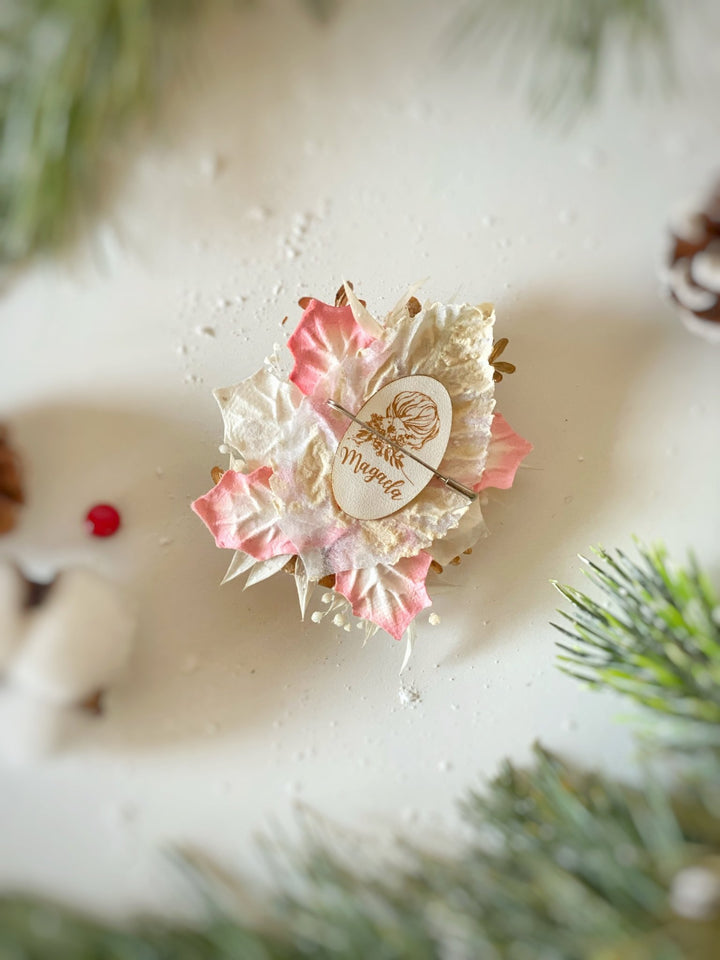 Pastel Nutcracker Christmas Brooch | Mint and Pink Roses and Golden Leaves – handmade floral hair accessory by magaela