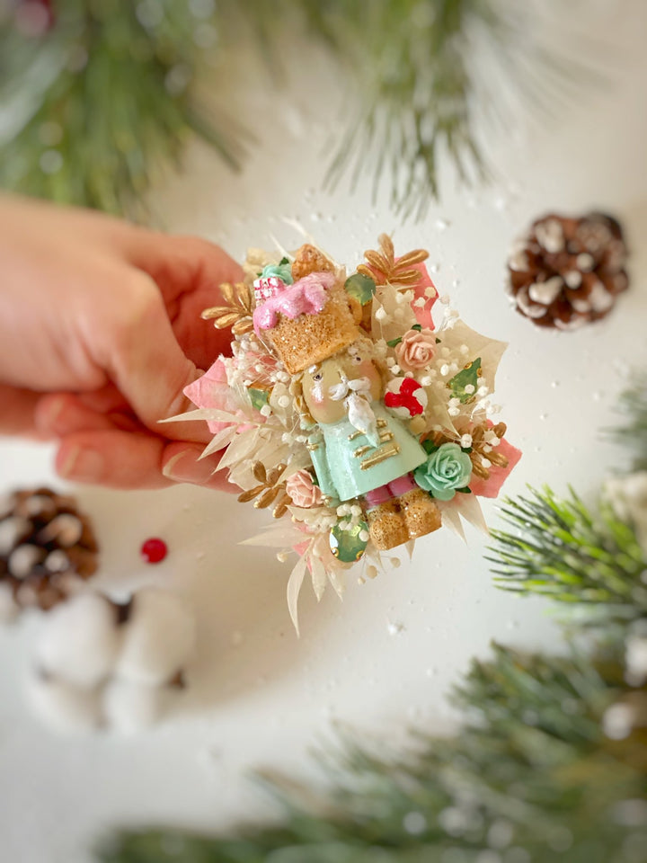 Pastel Nutcracker Christmas Brooch | Mint and Pink Roses and Golden Leaves – handmade floral hair accessory by magaela