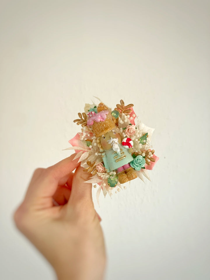 Pastel Nutcracker Christmas Brooch | Mint and Pink Roses and Golden Leaves – handmade floral hair accessory by magaela