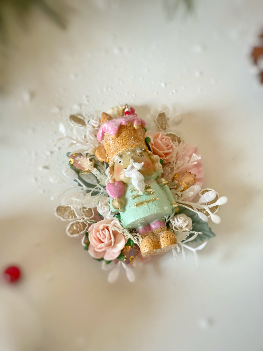 Pastel Nutcracker Christmas Brooch | Pink Roses and Lace – handmade floral hair accessory by magaela