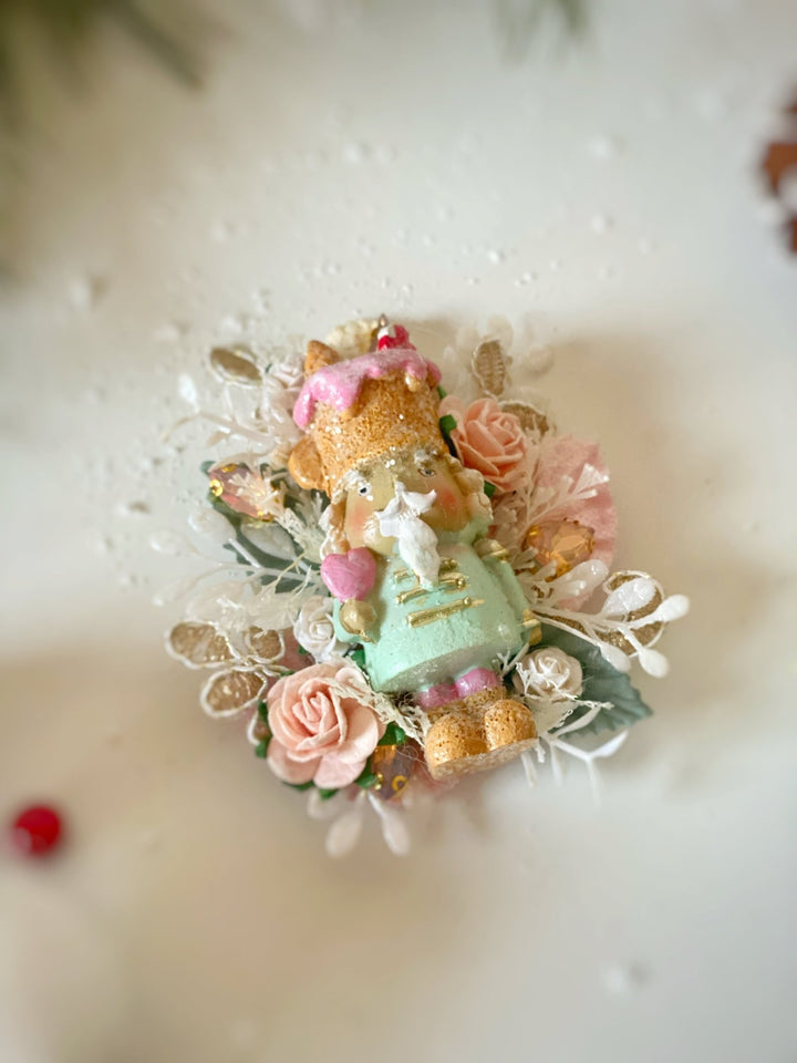 Pastel Nutcracker Christmas Brooch | Pink Roses and Lace – handmade floral hair accessory by magaela