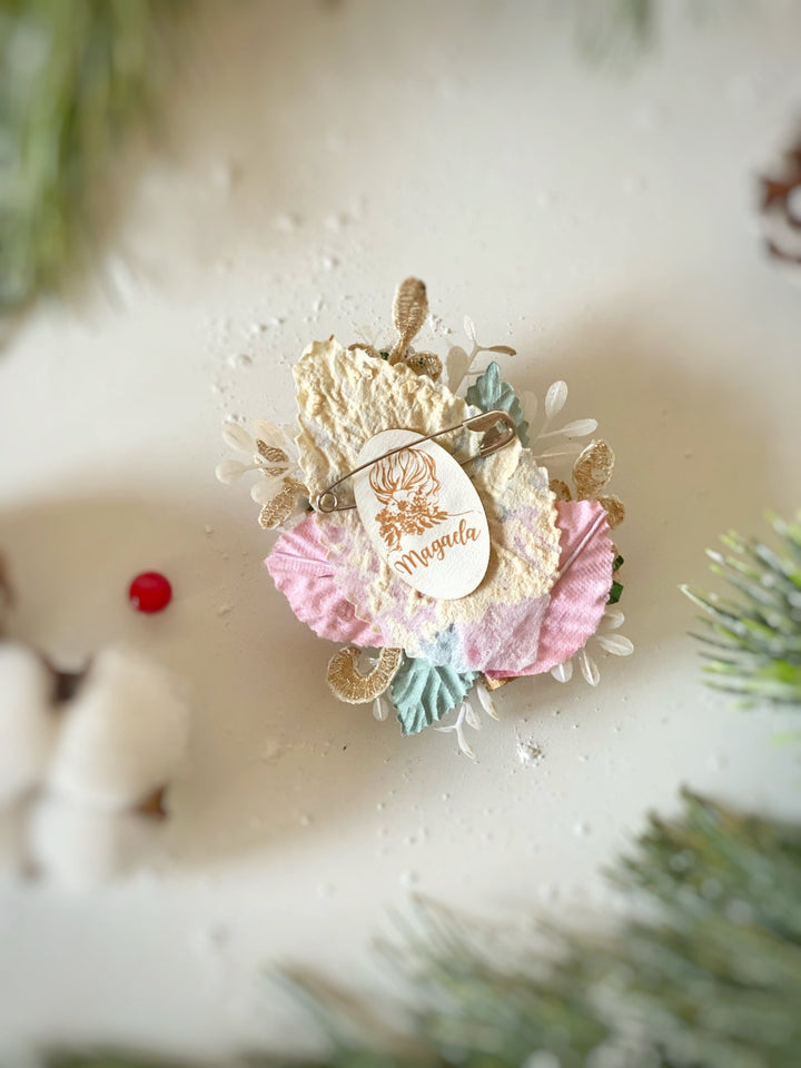 Pastel Nutcracker Christmas Brooch | Pink Roses and Lace – handmade floral hair accessory by magaela